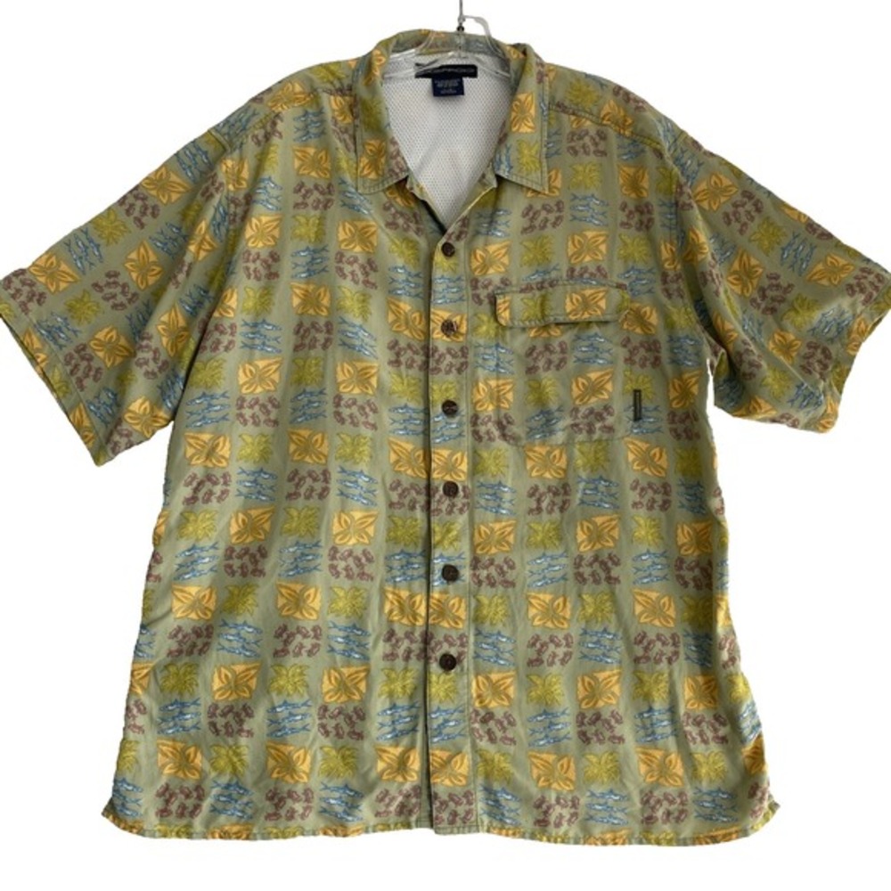 Exofficio Fishing Shirt Men's Sz L Yellow All Over Print Vented Outdoors Camping